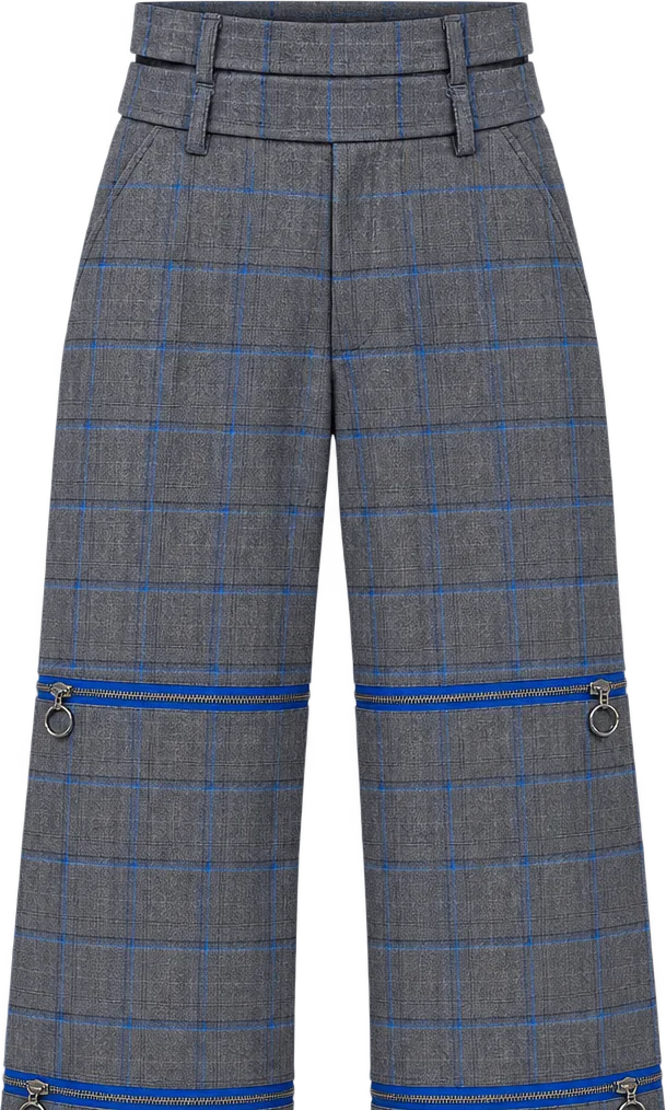 Check Convertible Wide Trouser, cropped length with the lower legs zipped off, laid flat