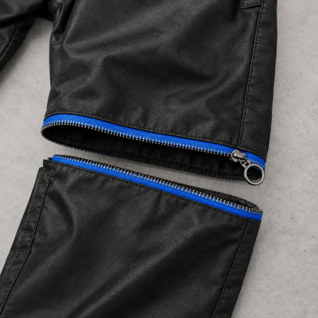 Coated Convertible Trouser, nærbillede af metaldelene