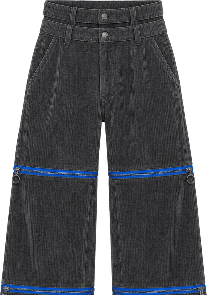 Cord Convertible Wide Trouser, cropped length with the lower legs zipped off, laid flat
