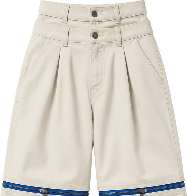 Double-Waist Pleated Wide Trouser, short length with the legs zipped off above the knee, laid flat