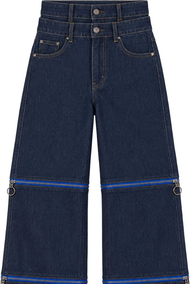 Indigo Convertible Wide Trouser, cropped length with the lower legs zipped off, laid flat