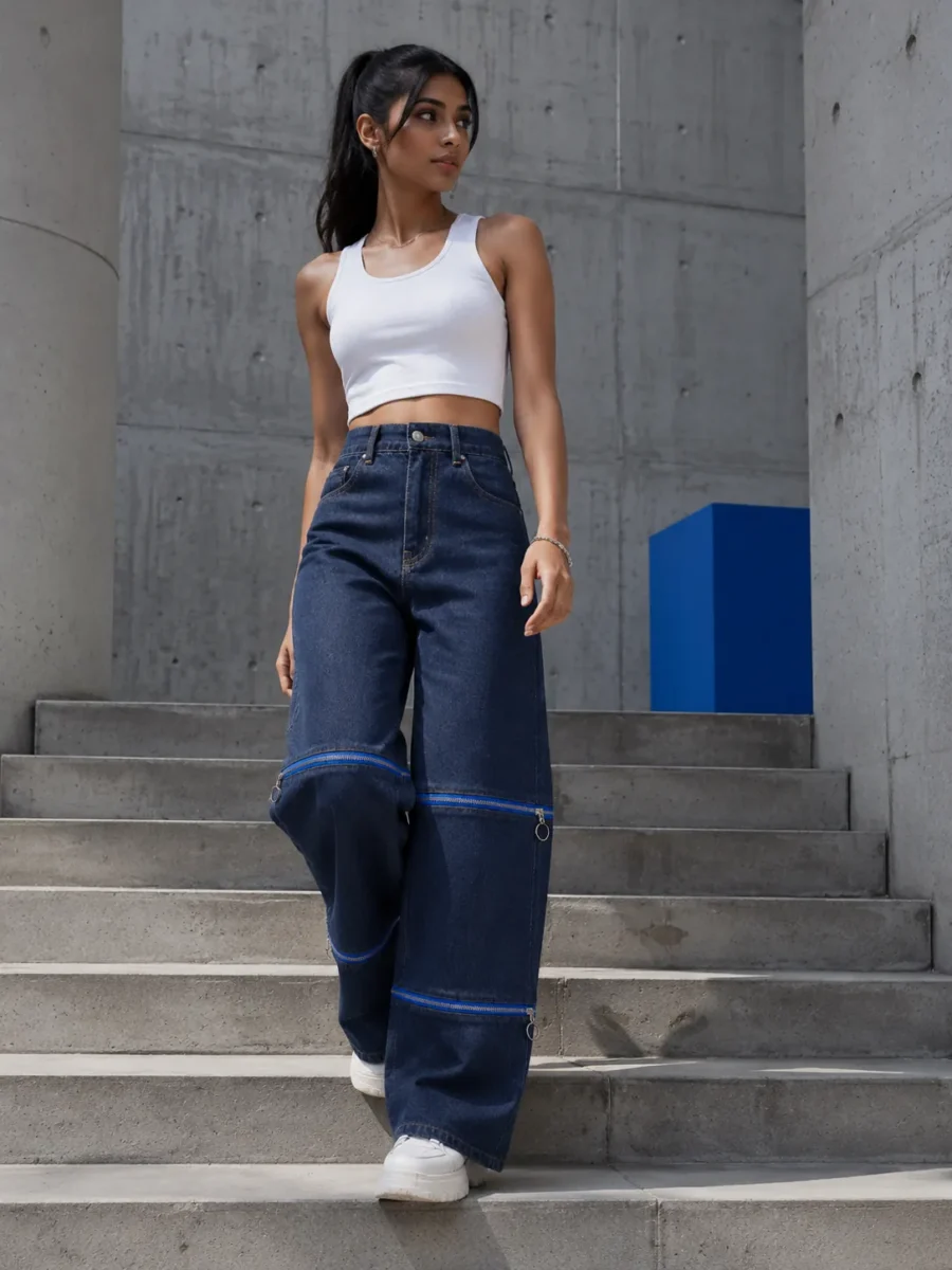 Indigo Convertible Wide Trouser, worn