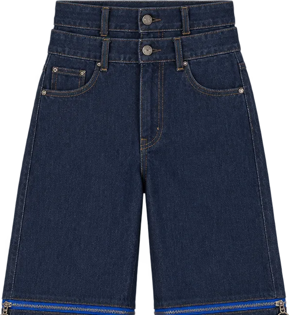 Indigo Convertible Wide Trouser, short length with the legs zipped off above the knee, laid flat