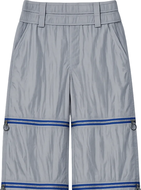 Parachute Convertible Trouser, cropped length with the lower legs zipped off, laid flat