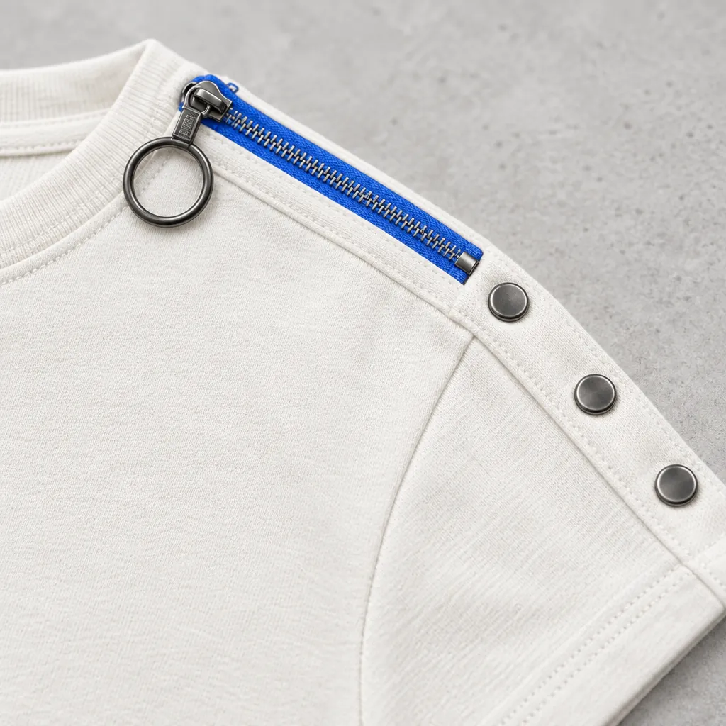 Snap-Shoulder Crop Top, hardware close-up