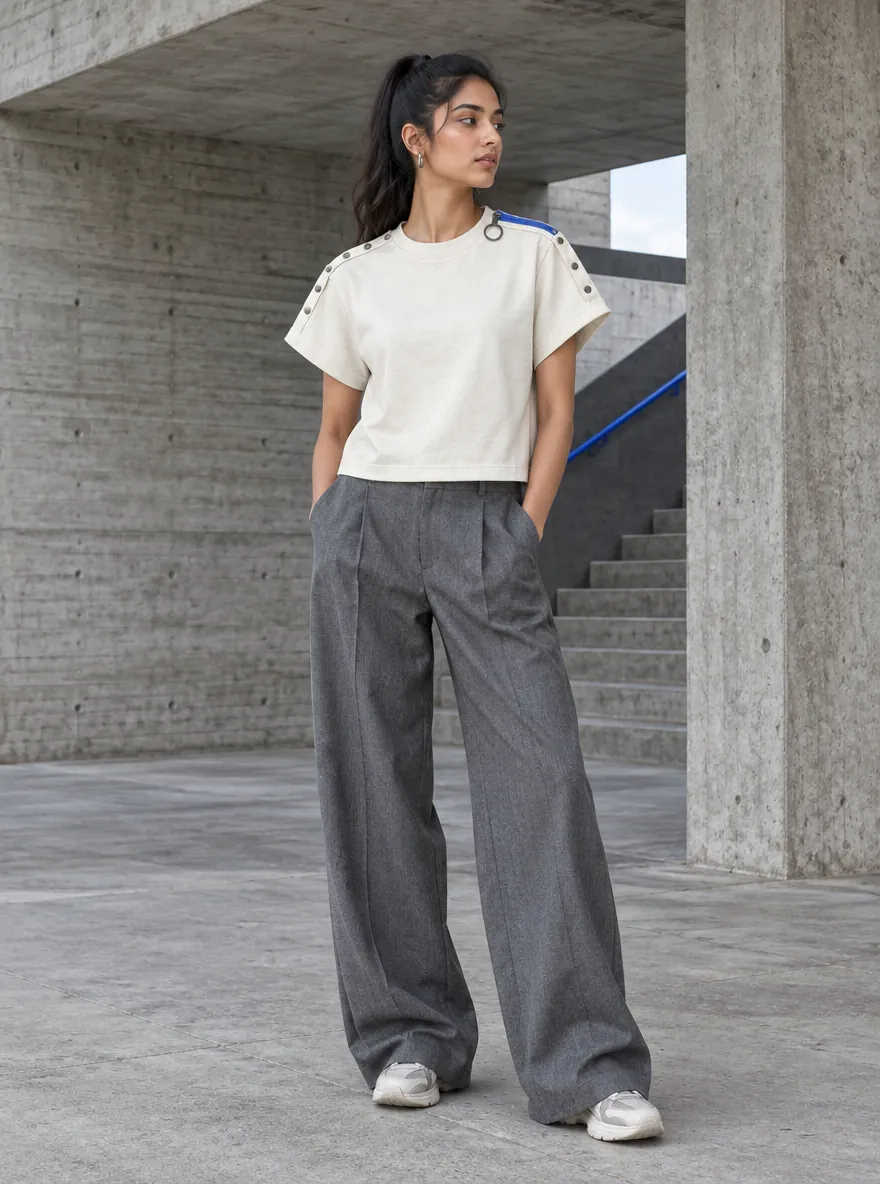 Snap-Shoulder Crop Top, worn