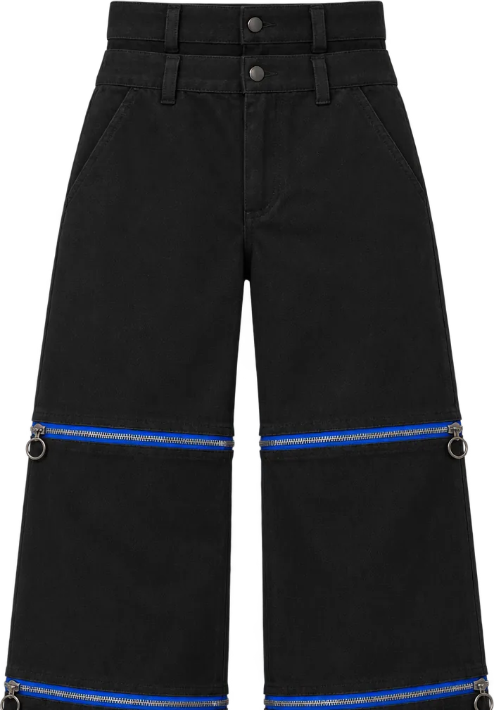 Tri-Length Canvas Wide Trouser, cropped length with the lower legs zipped off, laid flat
